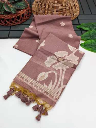 Elegant Premium Muga Cotton Saree with Floral Weaving Pallu & Zari Border