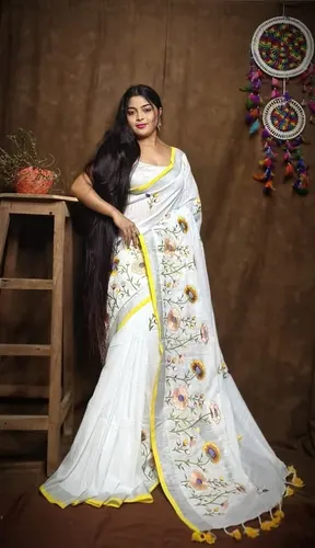 Linen Embroidered Sarees Exclusive Design with Zari Border