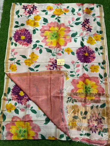 Pure Handloom Tusser Silk With Floral Printed Design Saree