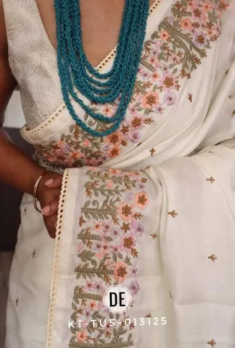 Elegant Hand-Embroidered Pure Tussar Silk Saree – Timeless Traditional Drape