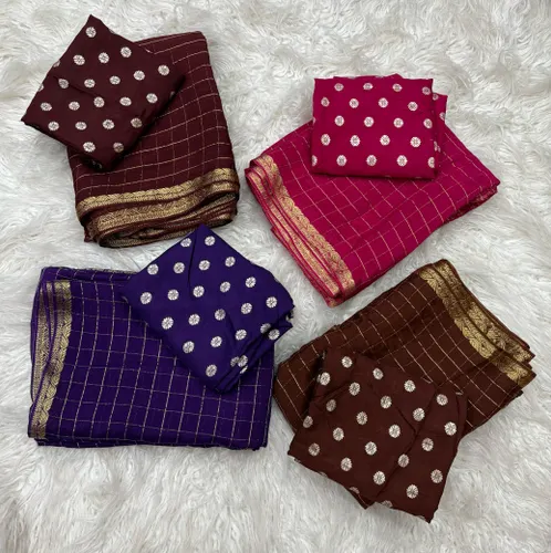 Pure Chinnon Saree With Weaving Chex & Jacquard Border