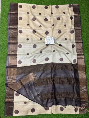  pure handloom Tussar silk saree with hand block and digital prints. Azo-free dye, silk mark certified