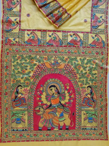 Pure Handloom Gheecha Silk Madhubani Hand Painted Silk Sarees