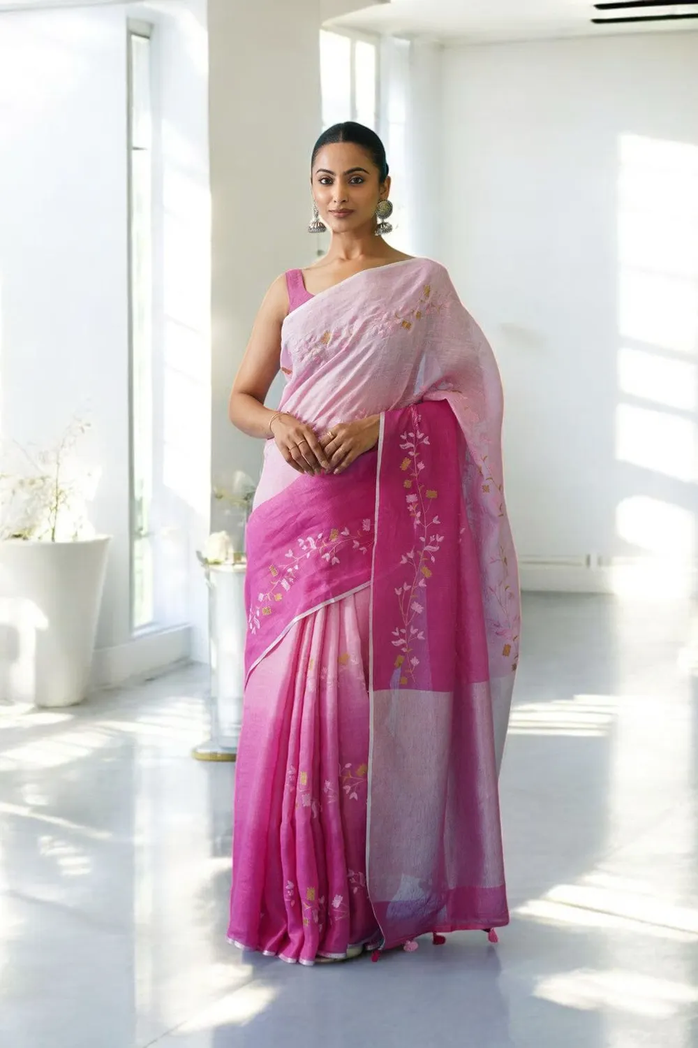  Pure Linen Floral Digital Embroidery Saree