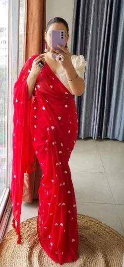 Red With White Heart Embroidered Soft Khadi Cotton Saree for Women, Party, Wedding, Bridal