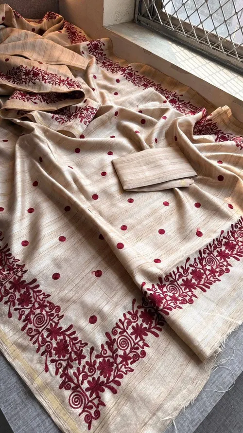 Royal Tusser Silk Saree with Allover Floral Embroidery & Jari Border