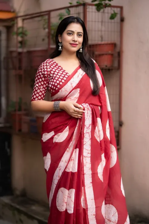 Pure Chanderi Cotton With Hand Batik Polka Designs