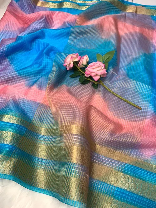 Branded Pure Soft Organza Checks Saree with Batik Print & Jacquard Border – Elegance with Sequin Sparkle