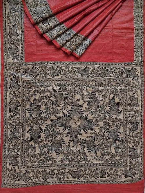 Pure Handloom Gheecha Silk Madhubani Hand Painted Silk Saree