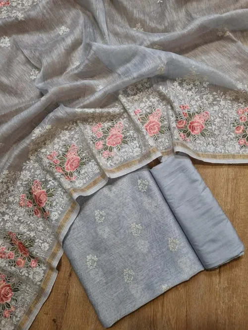 Pure Silk Linen Suit Set with Exquisite Floral Embroidery Work