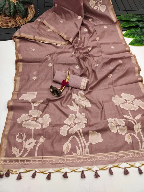 Elegant Premium Muga Cotton Saree with Floral Weaving Pallu & Zari Border
