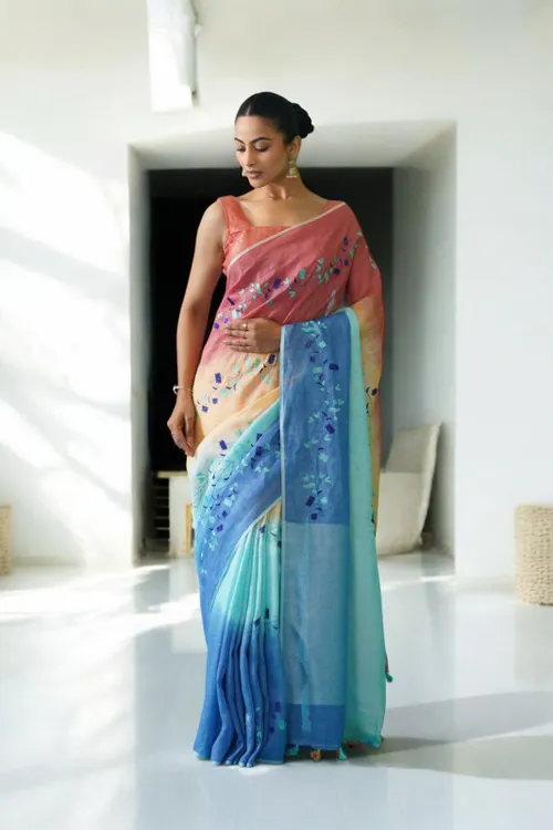  Pure Linen Floral Digital Embroidery Saree