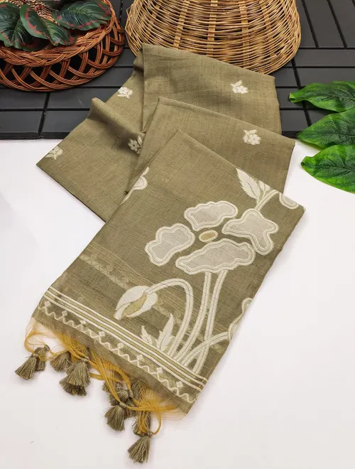 Elegant Premium Muga Cotton Saree with Floral Weaving Pallu & Zari Border