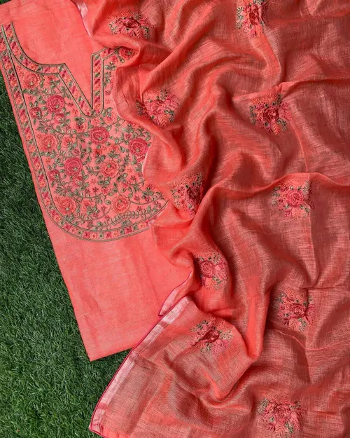 Pure Linen by Linen Floral Embroidery Work Unstitched Top Material with Matching Dupatta – Elegant Summer Wear for Women