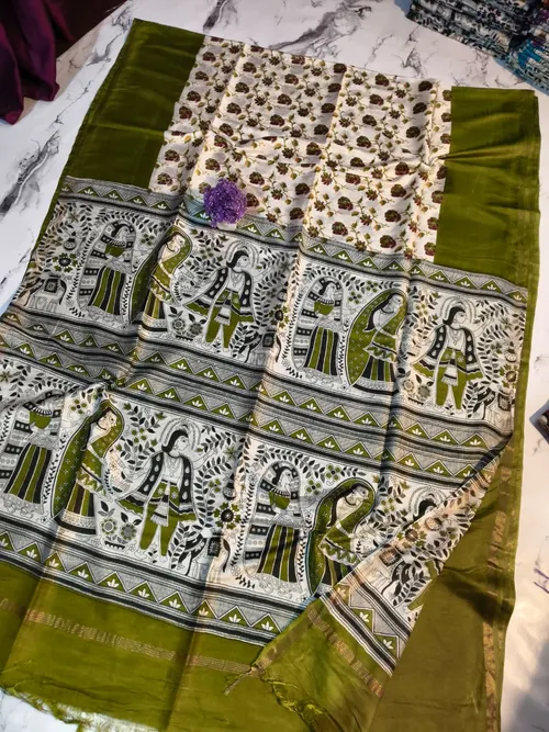 Exquisite Katan Silk Saree with Traditional Madhubani Print – Handcrafted Elegance for Every Occasion