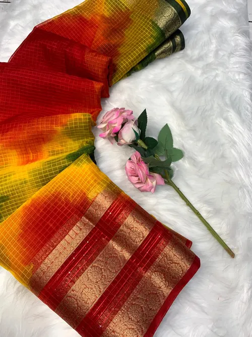 Branded Pure Soft Organza Checks Saree with Batik Print & Jacquard Border – Elegance with Sequin Sparkle
