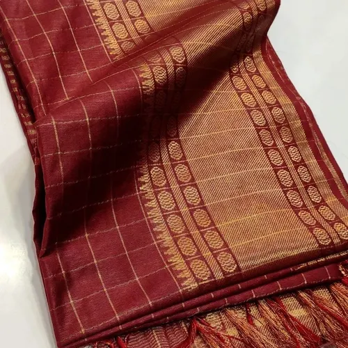 Elegant Maheshwari Semi-Silk Saree with Reddish Zari Weaving