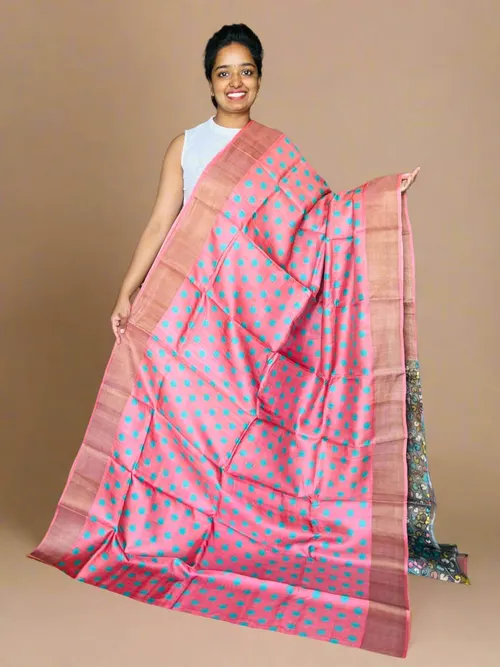  pure handloom Tussar silk saree with hand block and digital prints. Azo-free dye, silk mark certified