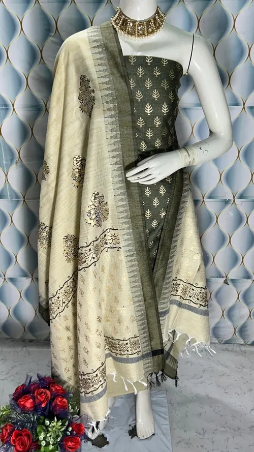  Bhagalpuri Silk Suit Piece with Khadi Dupion & Temple Border Dupatta – 2.5m Each