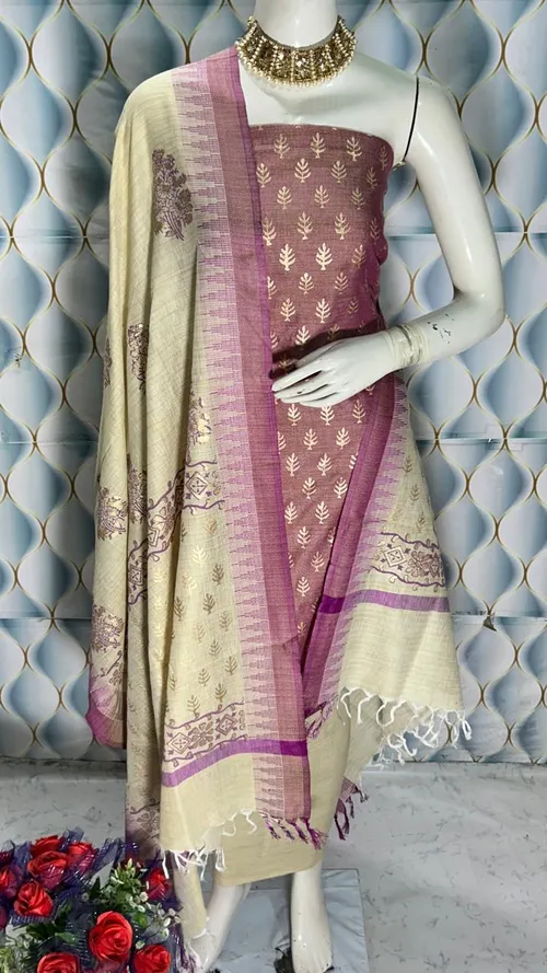  Bhagalpuri Silk Suit Piece with Khadi Dupion & Temple Border Dupatta – 2.5m Each