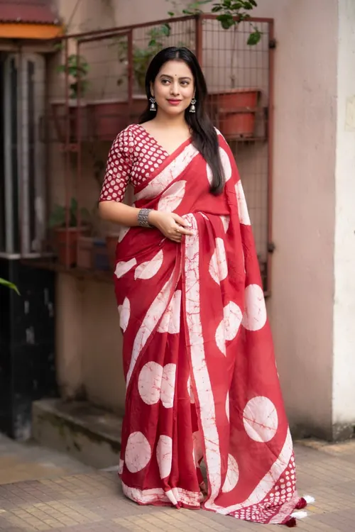 Pure Chanderi Cotton With Hand Batik Polka Designs