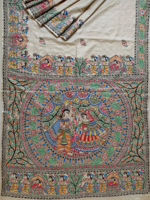 Pure Handloom Gheecha Silk Madhubani Hand Painted Silk Sarees