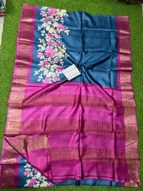 Premium Tussar Silk Printed Saree with Silk Mark Certification