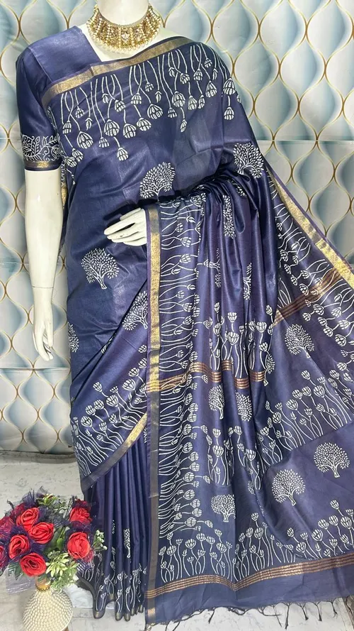 Beautifully Crafted Katan Viscose Silk Hand Block Print Saree