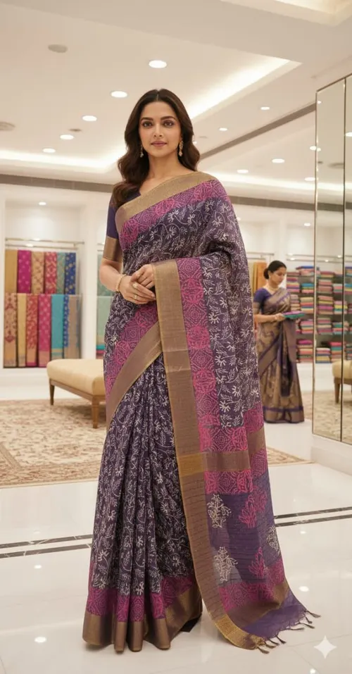 Soft Banswada Kota Saree with Jari Border – Elegant Floral Hand-Printed Design