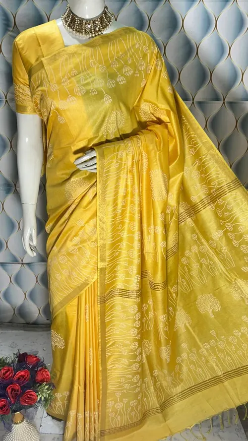Beautifully Crafted Katan Viscose Silk Hand Block Print Saree