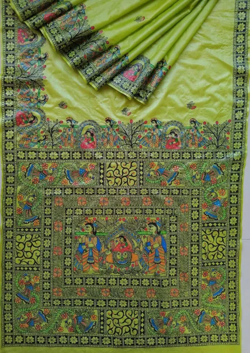 Pure Handloom Gheecha Silk Madhubani Hand Painted Silk Sarees