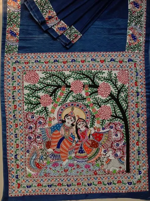 Pure Handloom Gheecha Silk Madhubani Hand Painted Silk Saree