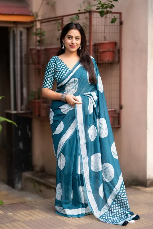 Pure Chanderi Cotton With Hand Batik Polka Designs