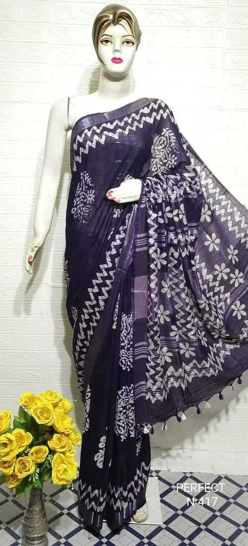 Women's Cotton Slub Batik Printed Saree with Unstitched Blouse Piece 