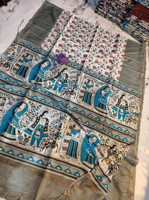 Exquisite Katan Silk Saree with Traditional Madhubani Print – Handcrafted Elegance for Every Occasion