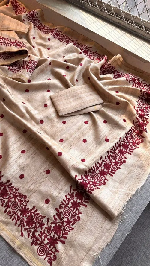 Royal Tusser Silk Saree with Allover Floral Embroidery & Jari Border