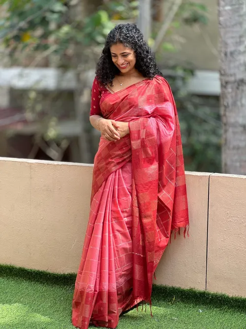 Elegant Dupion Silk Saree with Contemporary Square Check Design