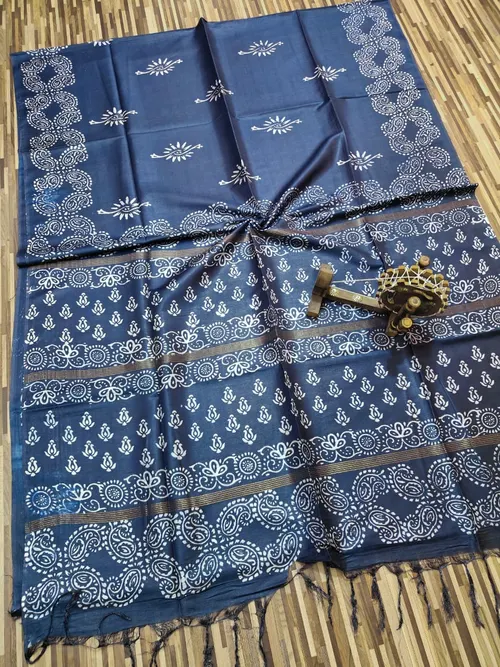Elegant Indigo Printed Premium Katan Silk Saree