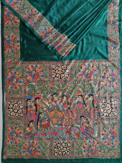 Pure Handloom Gheecha Silk Madhubani Hand Painted Silk Saree