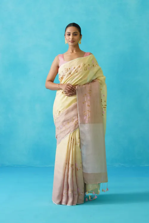  Pure Linen Floral Digital Embroidery Saree
