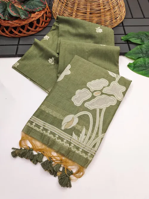 Elegant Premium Muga Cotton Saree with Floral Weaving Pallu & Zari Border