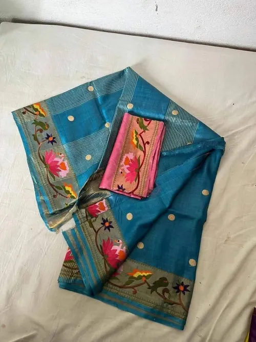 Premium Pure Tussar Silk Saree with Golden Zari Border & Digital Embroidery Work | Festive & Wedding Wear