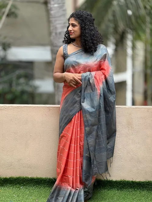 Elegant Dupion Silk Saree with Contemporary Square Check Design