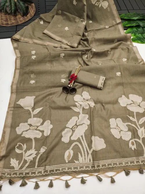Elegant Premium Muga Cotton Saree with Floral Weaving Pallu & Zari Border