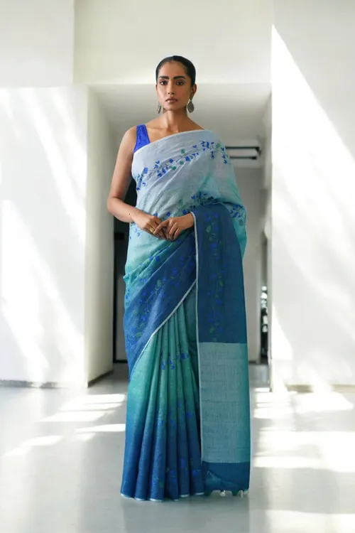  Pure Linen Floral Digital Embroidery Saree