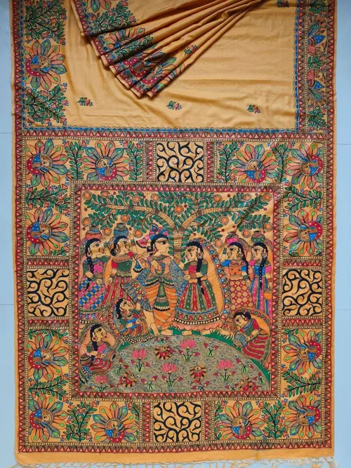 Pure Handloom Gheecha Silk Madhubani Hand Painted Silk Sarees