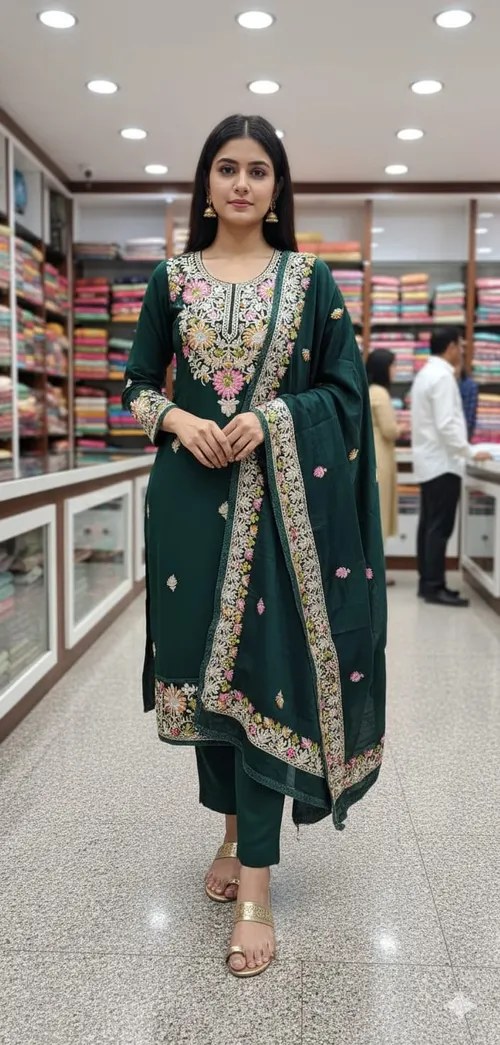 Elegant Roman Silk Kashmiri Butta Work Salwar Suit Set