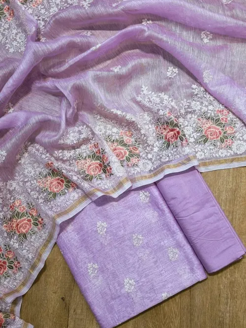 Pure Silk Linen Suit Set with Exquisite Floral Embroidery Work
