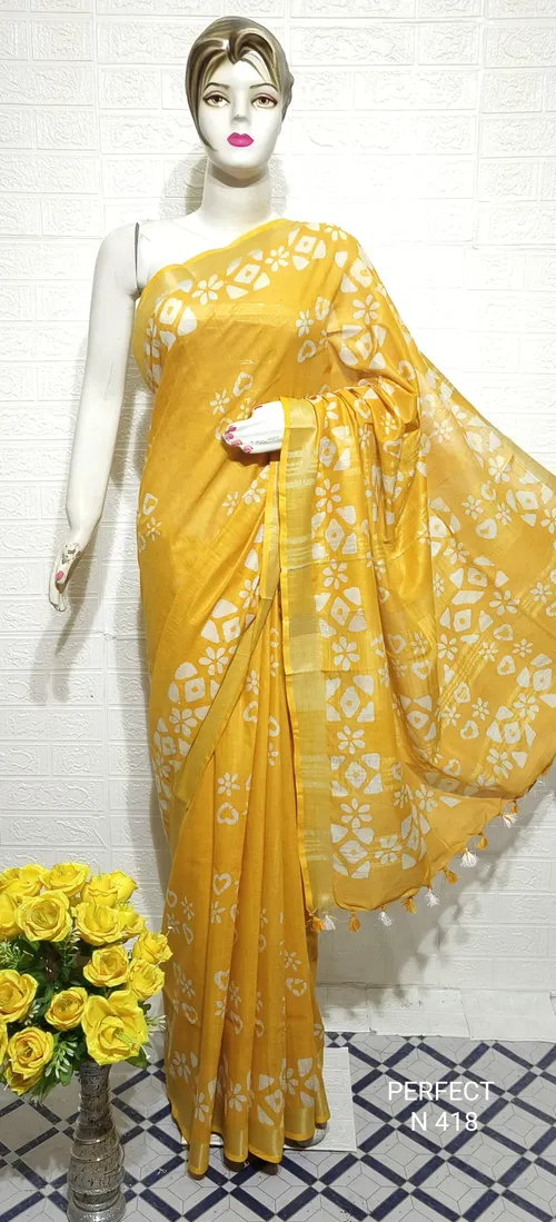 Women's Cotton Slub Batik Printed Saree with Unstitched Blouse Piece 