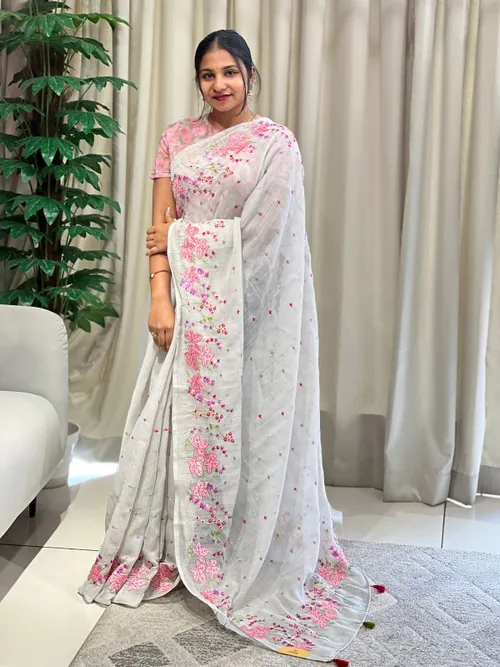 Soft Slub Cotton Saree with Zari Border – Beautiful Floral Embroidery Work Saree